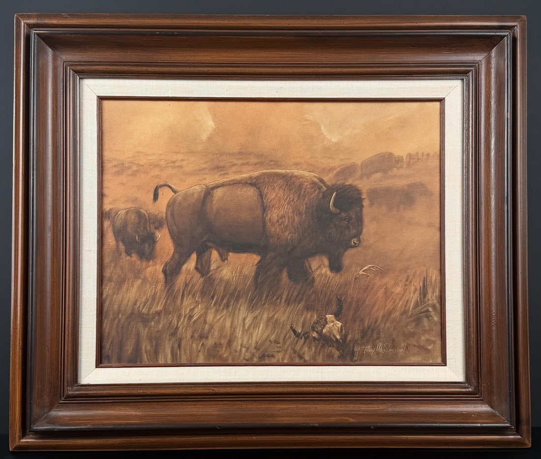 Tony Sandoval Montana Buffalo Painting: 14" by 18" unframed. 22 1/2" by 26" framed. Oil on Canvas. Tony Sandoval (20th Century) is known for Painting. Tony is a Native Veteran of the Armed Forces and did overseas deployment in Japan. His mo