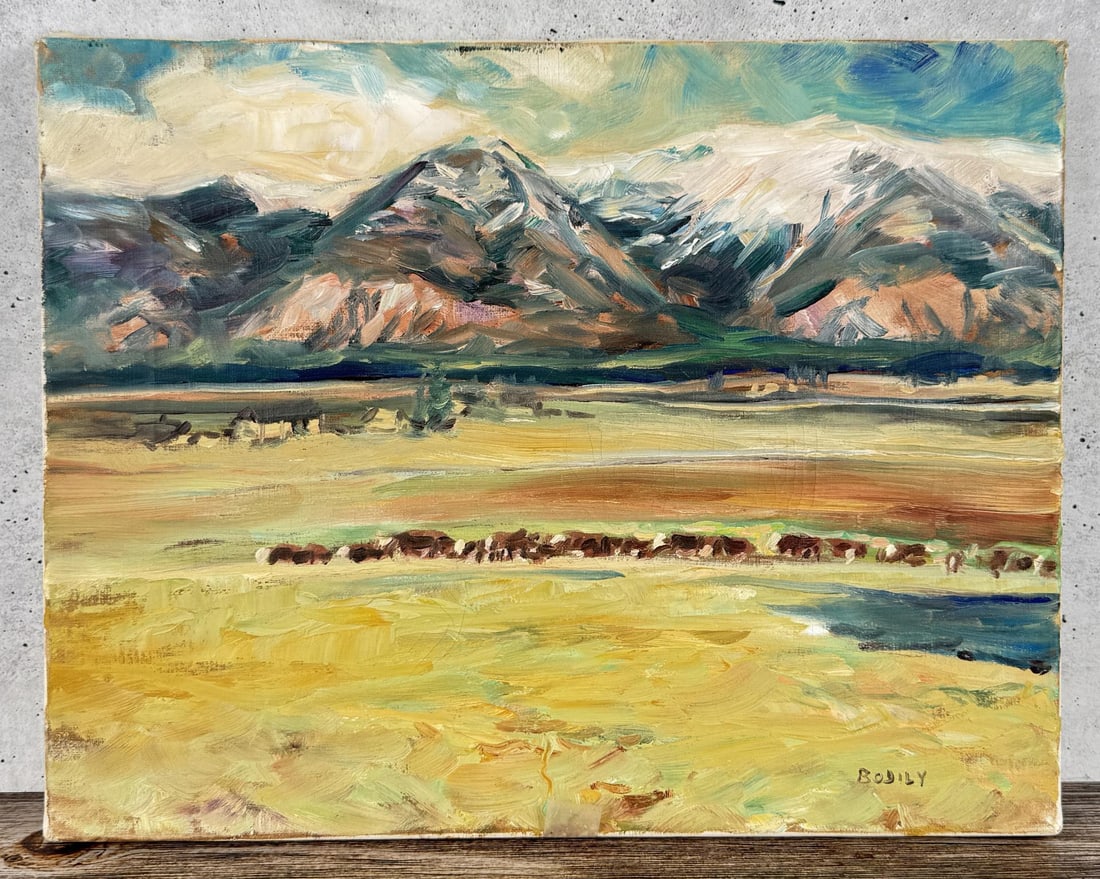 Sheryl Bodily Montana Angus Ranch Painting: Title is Montana Angus Ranch. 11 1/4" by 14 3/8" unframed. Provenance: Trails End Gallery, Glacier Gallery. Sheryl L. Bodily (Born 1936) is active/lives in Montana, Idaho. Sheryl Bodily is known for W