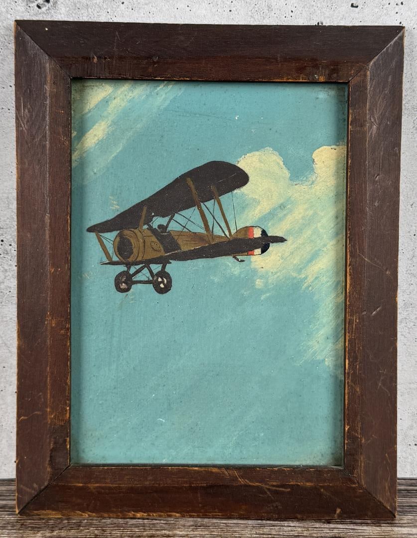 WWI WW1 Trench Art Biplane Painting: 6 1/2" by 8 1/2" framed.