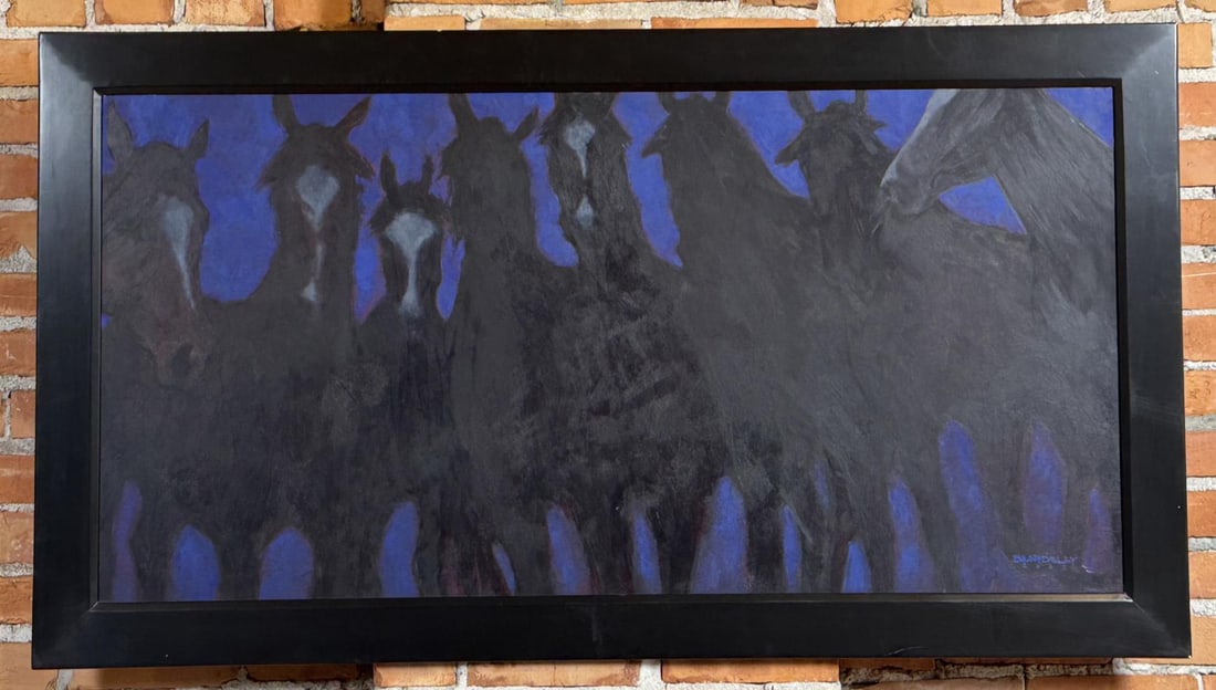 Duke Beardsley Remuda Painting: Title is Remuda. 24" by 48" unframed, 29 1/2" by 53 1/2" framed. Oil on Canvas. Duke Beardsley (Born 1969) is active/lives in Colorado. Duke Beardsley is known for Western genre and tonal landscape pa