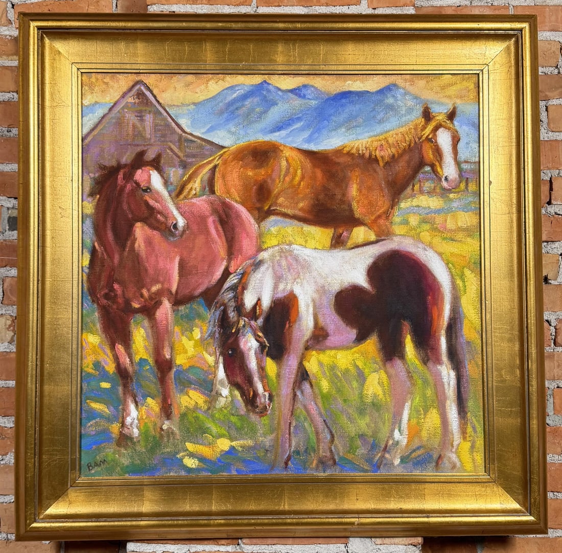 Barbara Meikle 4 Strings Ranch Painting: Title is Evening at the 4 Strings Ranch. 30" by 30" unframed. 39" by 39" framed. Acrylic on Board. Barbara Meikle is an artist who paints the simple world outside of her door in Tesuque, New Mexico. M