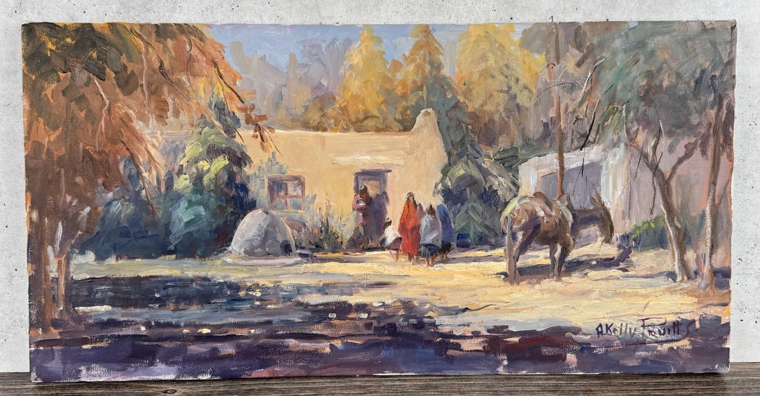 Kelly Pruitt At the Pueblo Painting: 12" by 24" unframed. Oil on Canvas. Kelly Pruitt (1924 Waxahachie, Texas - 2009 USA). Known for: Western and Indian genre. To be a cowboy was A. Kelly Pruitt's childhood dream; a dream that he realize