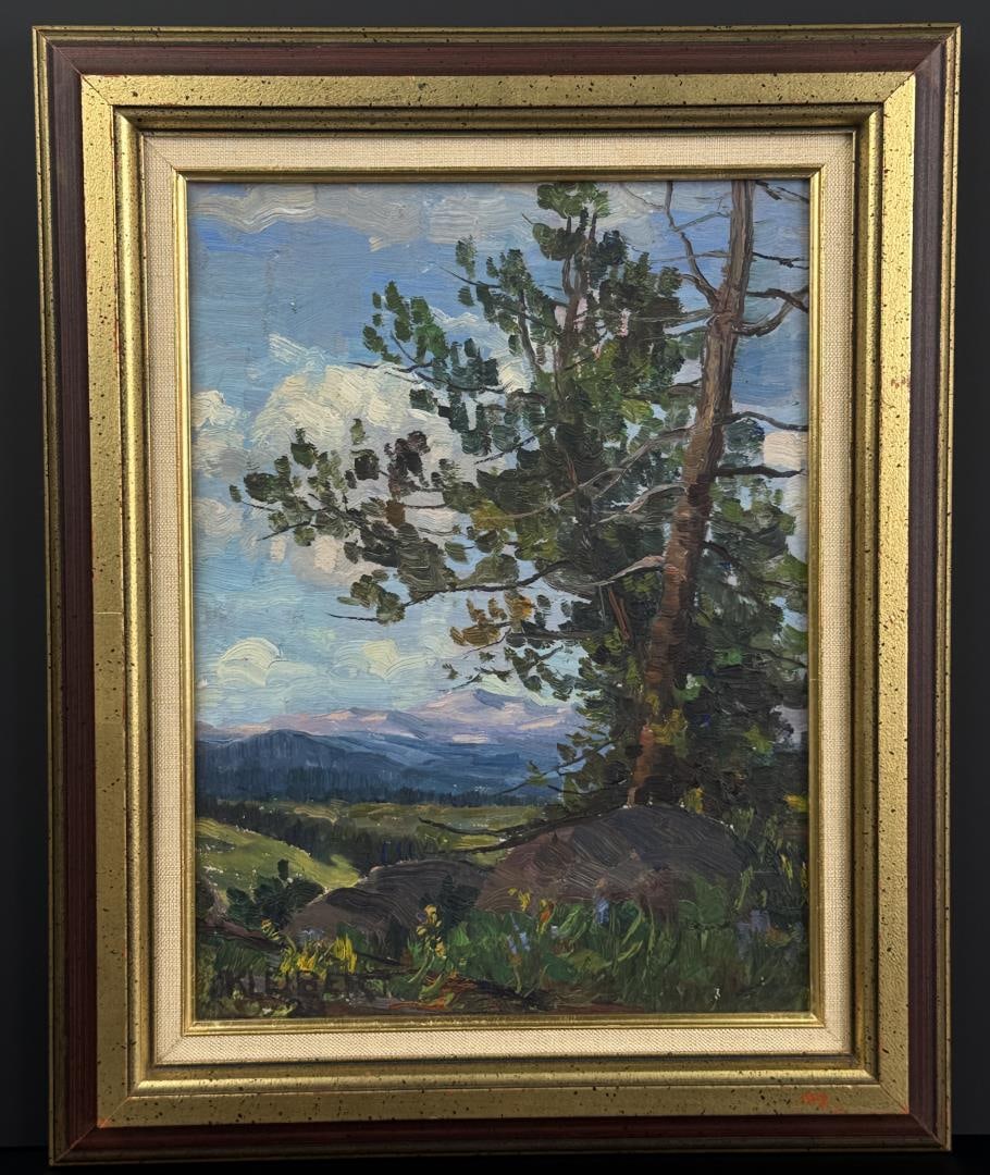 Hans Kleiber Lone Tree in Tetons Wyoming Painting: Title is The Tetons. 9" by 12" unframed. 12 1/2" by 15 1/2" framed. Oil on Board. Provenance: Big Sky Galleries Billings Montana. Hans Kleiber (1887 - 1967) was active/lived in Wyoming / Germany. Hans