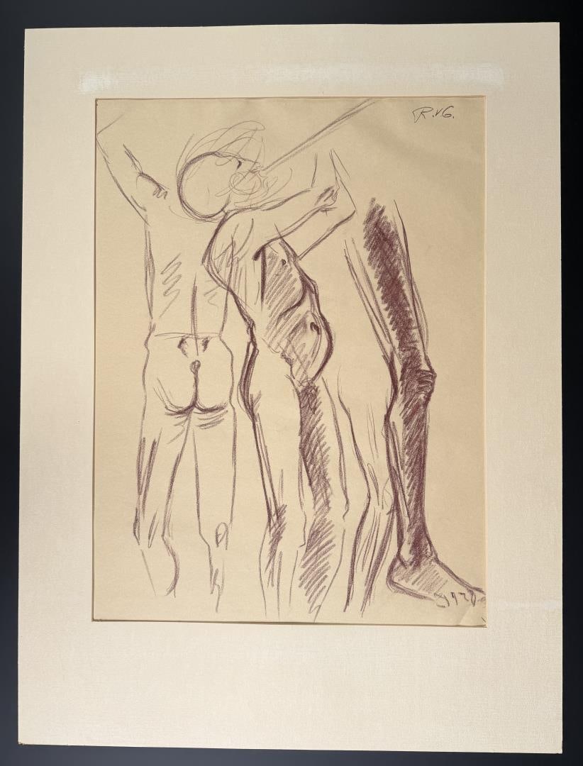 Richard Greeves Conte Crayon Drawing: Title is The Glass Blower. 18" by 24" unframed. 24" by 32" in matte. Conte Crayon. Richard Vernon Greeves (Born 1935) is active/lives in Wyoming, Missouri. Richard Greeves is known for Indian figure s