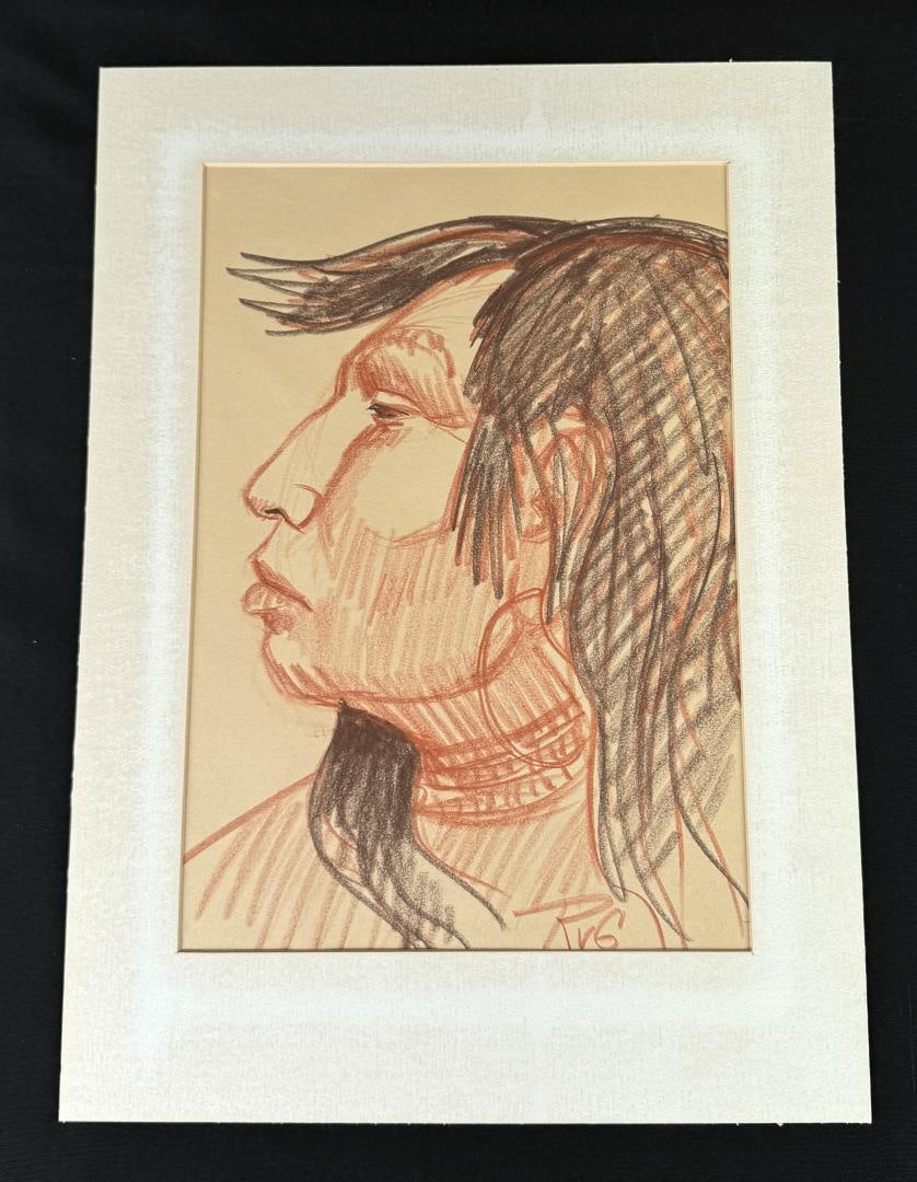 Richard Greeves Conte Crayon Indian Drawing: Title is The Chief. 12" by 18" unframed. 16" by 22" in matte. Conte Crayon. Richard Vernon Greeves (Born 1935) is active/lives in Wyoming, Missouri. Richard Greeves is known for Indian figure sculptur