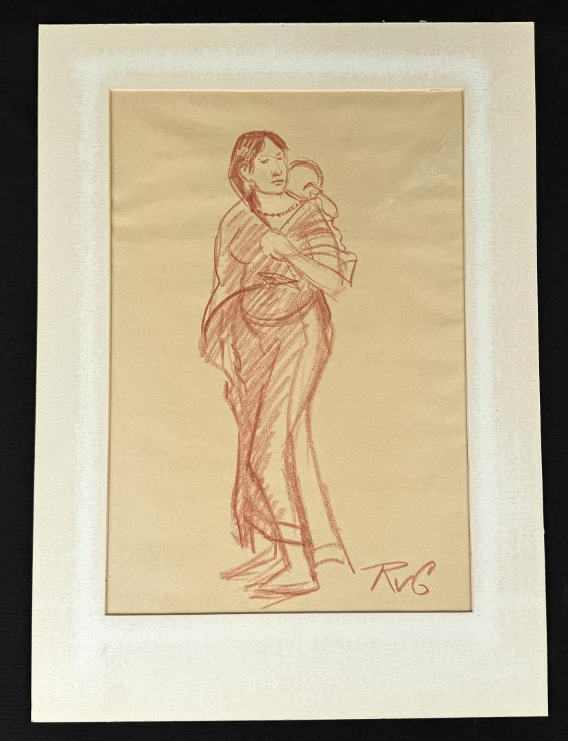 Richard Greeves Conte Crayon Indian Drawing: Title is Mother and Child. 12" by 18" unframed. 16" by 22" in matte. Conte Crayon. Richard Vernon Greeves (Born 1935) is active/lives in Wyoming, Missouri. Richard Greeves is known for Indian figure s
