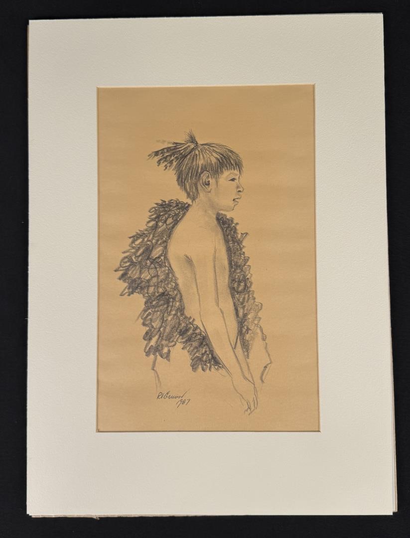 Richard Greeves Conte Crayon Indian Drawing: Title is Studio Drawing 11. 12" by 18" unframed. 16" by 22" in matte. Conte Crayon. Richard Vernon Greeves (Born 1935) is active/lives in Wyoming, Missouri. Richard Greeves is known for Indian figure