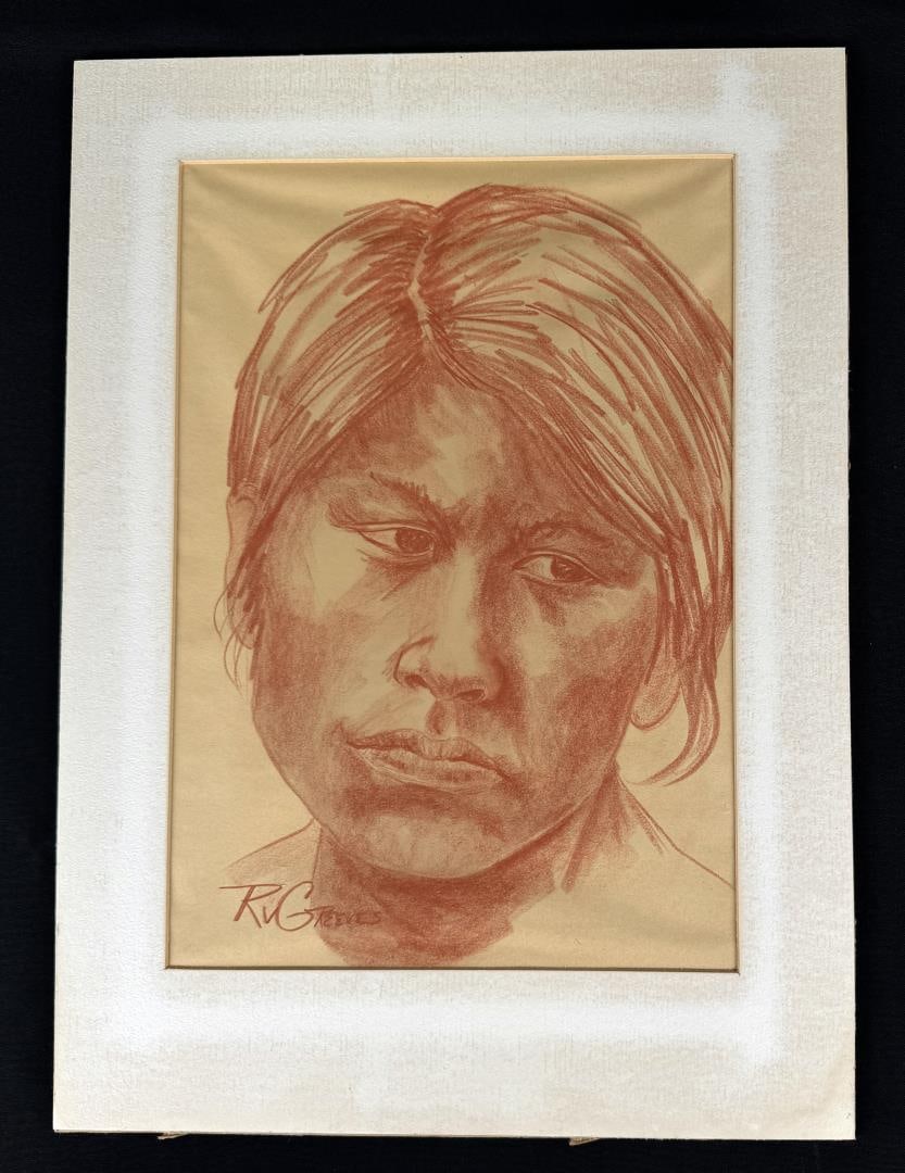 Richard Greeves Conte Crayon Indian Drawing: Title is Pueblo Maiden. 12" by 18" unframed. 16" by 22" in matte. Conte Crayon. Richard Vernon Greeves (Born 1935) is active/lives in Wyoming, Missouri. Richard Greeves is known for Indian figure scul