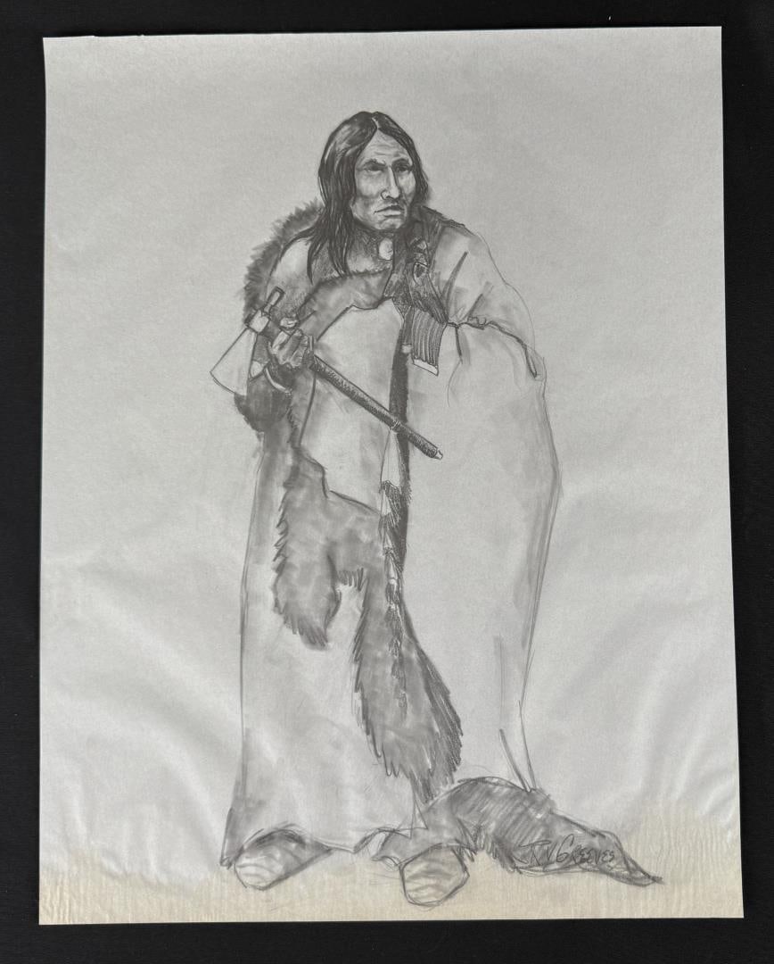 Richard Greeves Indian Chief Drawing: Title is The Chief. 18" by 23" unframed. Graphite on Paper. Richard Vernon Greeves (Born 1935) is active/lives in Wyoming, Missouri. Richard Greeves is known for Indian figure sculpture. A sculptor of