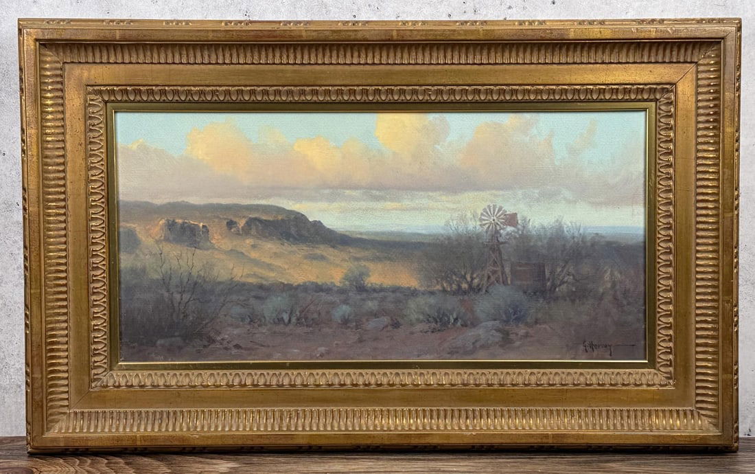 G Harvey West Texas Windmill Painting: Title is West Texas Windmill. 11" by 22" unframed. 18" by 29 1/2" framed. G (Gerald Harvey Jones) Harvey (1933 San Antonio, Texas - 2017). Known for: Western genre-streets and nocturne painting, teach