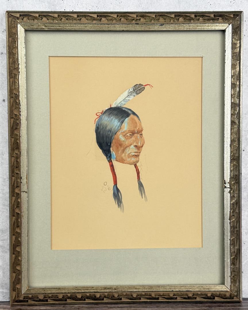 Olaf Wieghorst Sioux Indian War Chief Painting: Title is Sioux Indian War Chief. 8" by 10" unframed. 12" by 15" framed. Gouache on Paper. Olaf Carl Wieghorst (1899 - 1988) was active/lived in California / Denmark. Olaf Wieghorst is known for Wester
