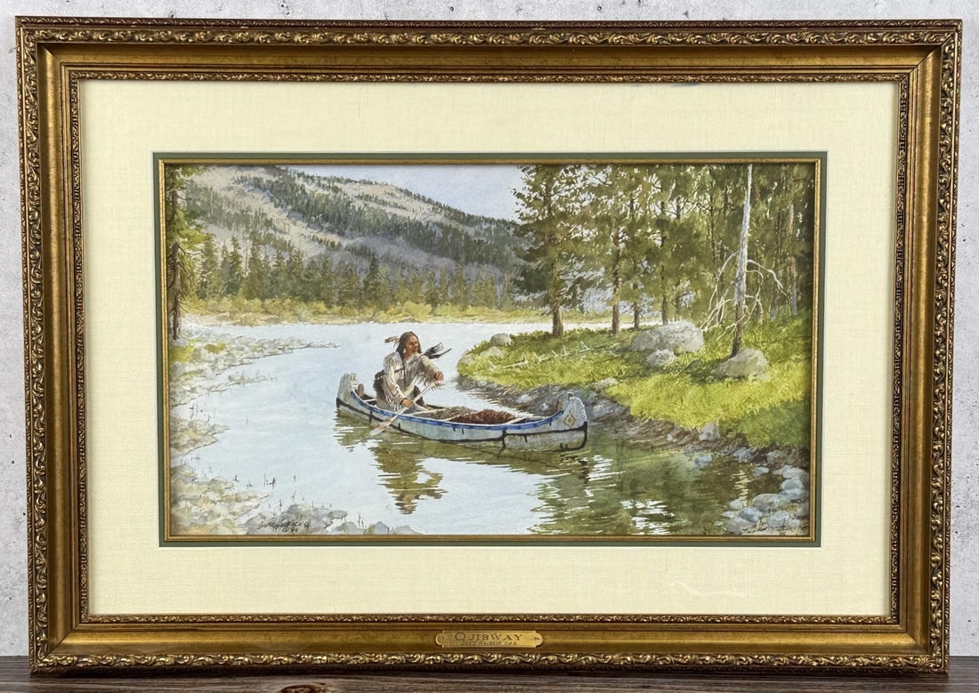 David Halbach Ojibway Watercolor Painting: Title is Ojibway. 10 1/2" by 18" unframed. 18 3/8" by 26" framed. Watercolor and Pencil on Paper. David Halbach (1931 - 2022). Known for: Cowboy-historical genre and wildlife watercolors, animation. A