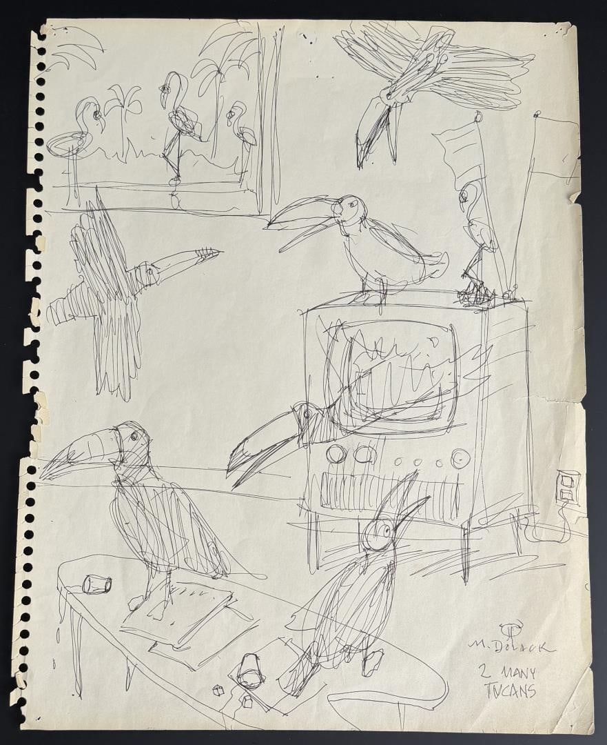 Monte Dolack 2 Many Tucans Montana Drawing: Appears to be an initial sketch for an inspiration the artist had titled 2 Many Tucans, but it never came to fruition. 14" by 11" Monte Dolack (Born 1950) is active/lives in Montana. Monte Dolack is