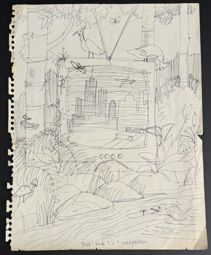 Monte Dolack Black White TV Montana Drawing: Appears to be an initial sketch for an inspiration the artist had titled Black & White TV & Woodpeckers, but it never came to fruition. 14" by 11" Monte Dolack (Born 1950) is active/lives in Montana.