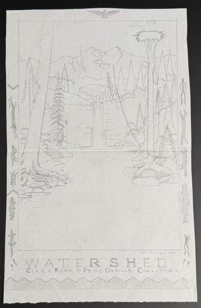 Monte Dolack Montana Watershed Preservation Sketch: Title is Watershed Preservation Study. Graphite on paper. 13 7/8" by 8 3/4". Monte Dolack (Born 1950) is active/lives in Montana. Monte Dolack is known for Poster illustration, landscape and wildlife