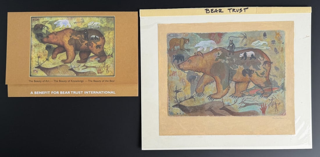 Monte Dolack Bear Trust Poster Study Painting: Very nice small study for the Bear Trust poster. Image size is 7 1/4" by 8 3/4". Lot includes a card from the Bear Trust International event. Gouache on Board. Monte Dolack (Born 1950) is