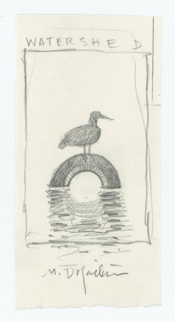 Monte Dolack Watershed Preservation Poster Study: This study was a part of the artist's original idea, but didn't make it to the final work. 4 7/8" by 2 3/8". Monte Dolack (Born 1950) is active/lives in Montana. Monte Dolack is known for Poster illus