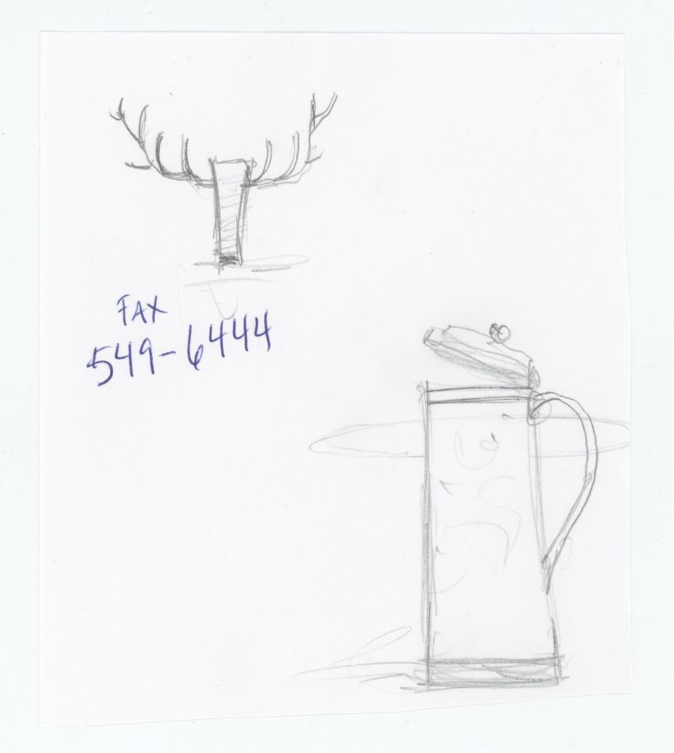 Monte Dolack Bayern Brewery Sketches: An elk head and a beer stein with a fax number on a slip of paper. 5 1/2" by 4 3/4". Monte Dolack (Born 1950) is active/lives in Montana. Monte Dolack is known for Poster illustration, landscape and w