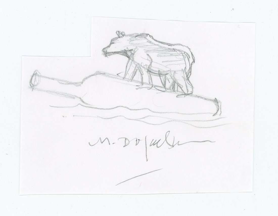 Monte Dolack Montana Grizzly Drawing: Graphite on paper of a grizzly bear on a floating bottle. Probably a concept sketch. 3 3/4" by 2 7/8" Monte Dolack (Born 1950) is active/lives in Montana. Monte Dolack is known for Poster