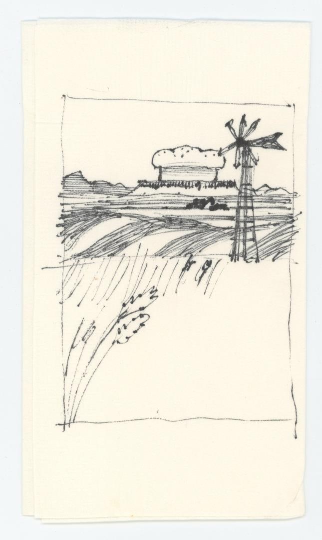 Monte Dolack Sweetgrass Bakery Poster Drawing: Early concept sketch for Sweetgrass Bakery poster. 7 5/8" by 4 3/8". Monte Dolack (Born 1950) is active/lives in Montana. Monte Dolack is known for Poster illustration, landscape and wildlife painting