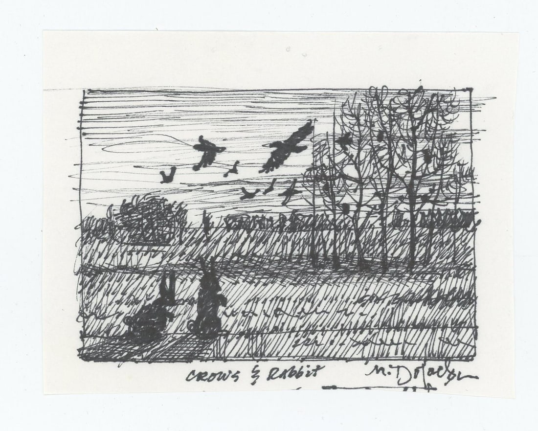 Monte Dolack Crows & Rabbit Drawing: Title is Crows & Rabbits. 4 3/4" by 3 5/8". Pen and Ink on Paper. Monte Dolack (Born 1950) is active/lives in Montana. Monte Dolack is known for Poster illustration, landscape and wildlife painting. A