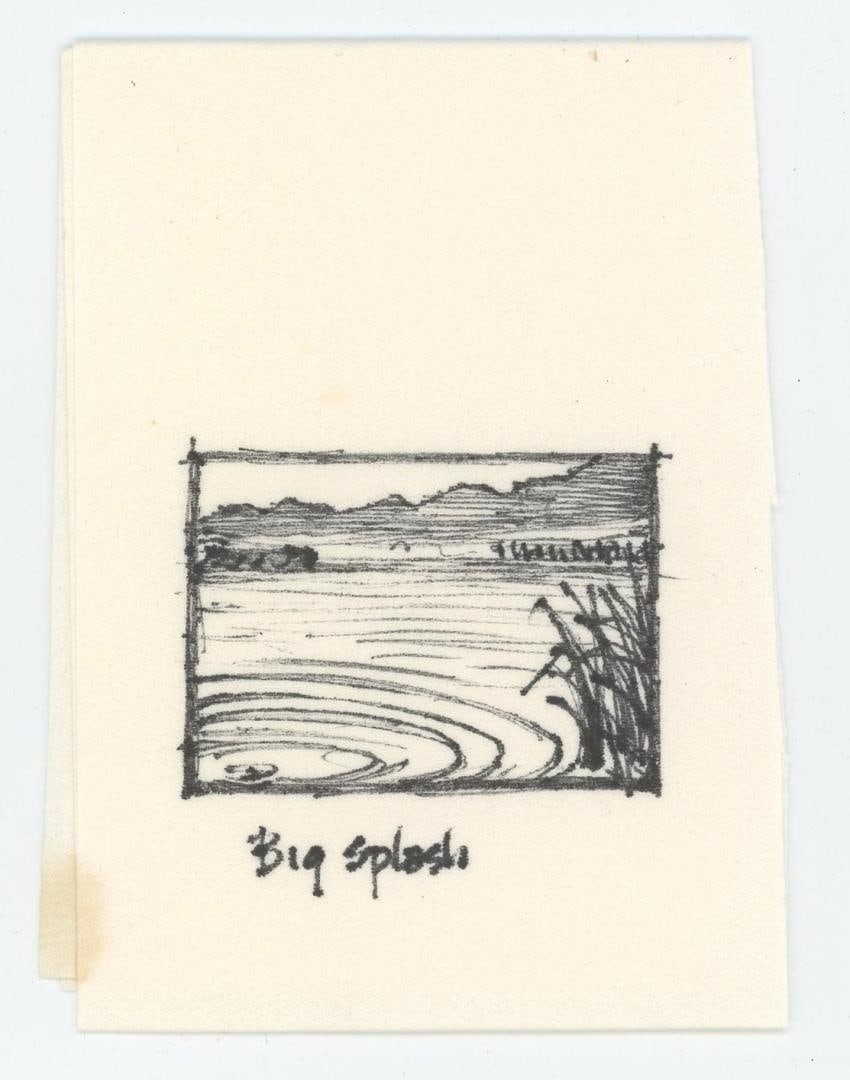 Monte Dolack Montana Big Splash Drawing: Title is Big Splash. 4 1/4 by 3 1/4". Ink on Paper. Monte Dolack (Born 1950) is active/lives in Montana. Monte Dolack is known for Poster illustration, landscape and wildlife painting. A native of