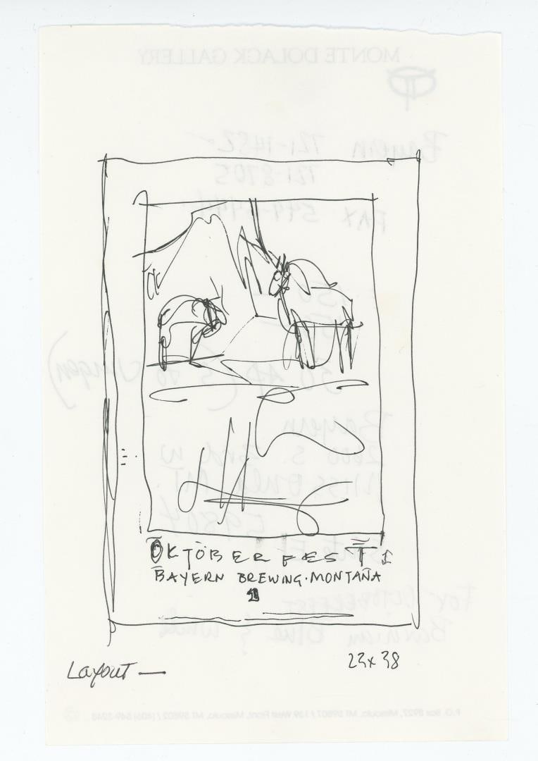 Monte Dolack Bayern Brewing Oktoberfest Study: A basic concept sketch for Bayern's Oktoberfest Lager Beer poster on the back of gallery stationary. The front has information about the order. 8 1/2" by 5 1/2". Monte Dolack (Born 1950) is active/liv