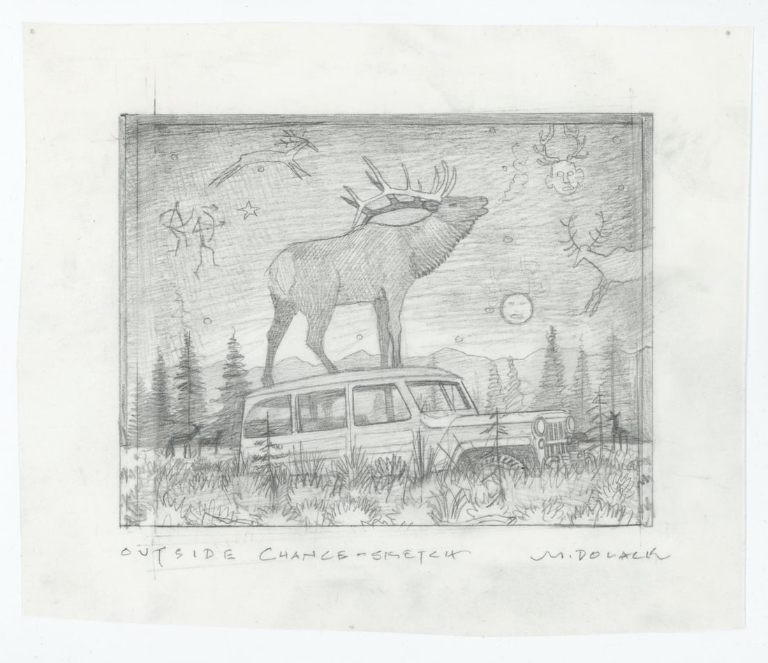 Monte Dolack Montana Outside Chance Drawing: This detailed study became one of the artist's iconic works Outside Chance. 8 7/8" by 7 1/2" Monte Dolack (Born 1950) is active/lives in Montana. Monte Dolack is known for Poster illustration,