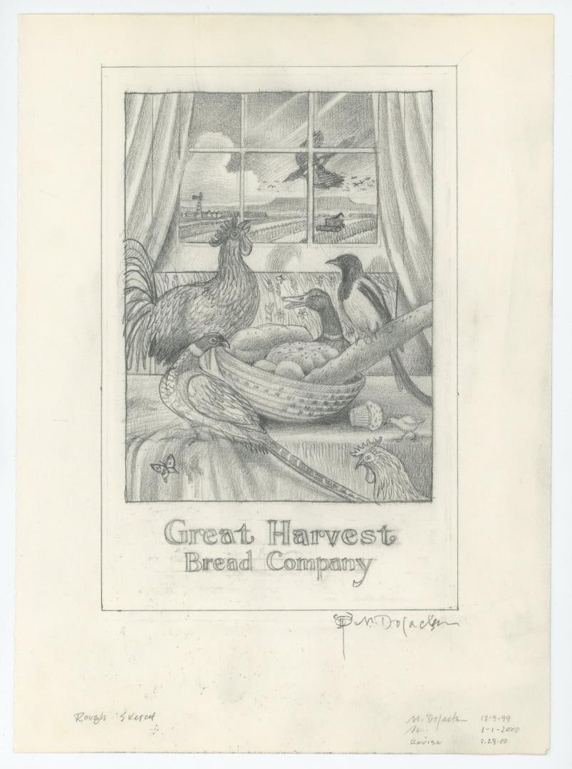 Monte Dolack Great Harvest Bread Poster Study: This became the acrylic painting Harvest Time and eventually a poster for Great Harvest Bread Company. 10 7/8" by 7 7/8". Monte Dolack (Born 1950) is active/lives in Montana. Monte Dolack is known