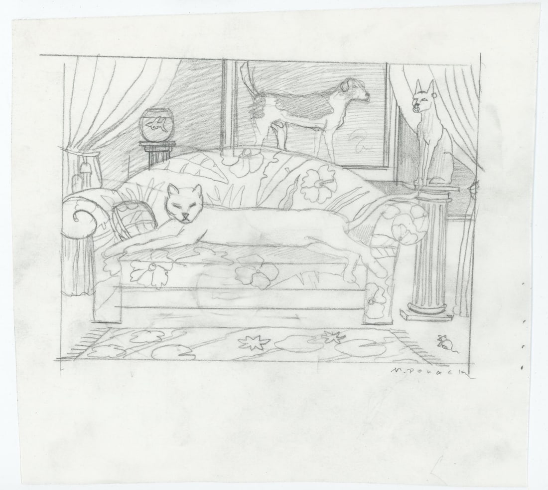 Monte Dolack Frieda's Salon Study Drawing: This study became the 16 color lithograph Frieda's Salon. 9 1/8" by 8 3/8". Monte Dolack (Born 1950) is active/lives in Montana. Monte Dolack is known for Poster illustration, landscape and wildlife p