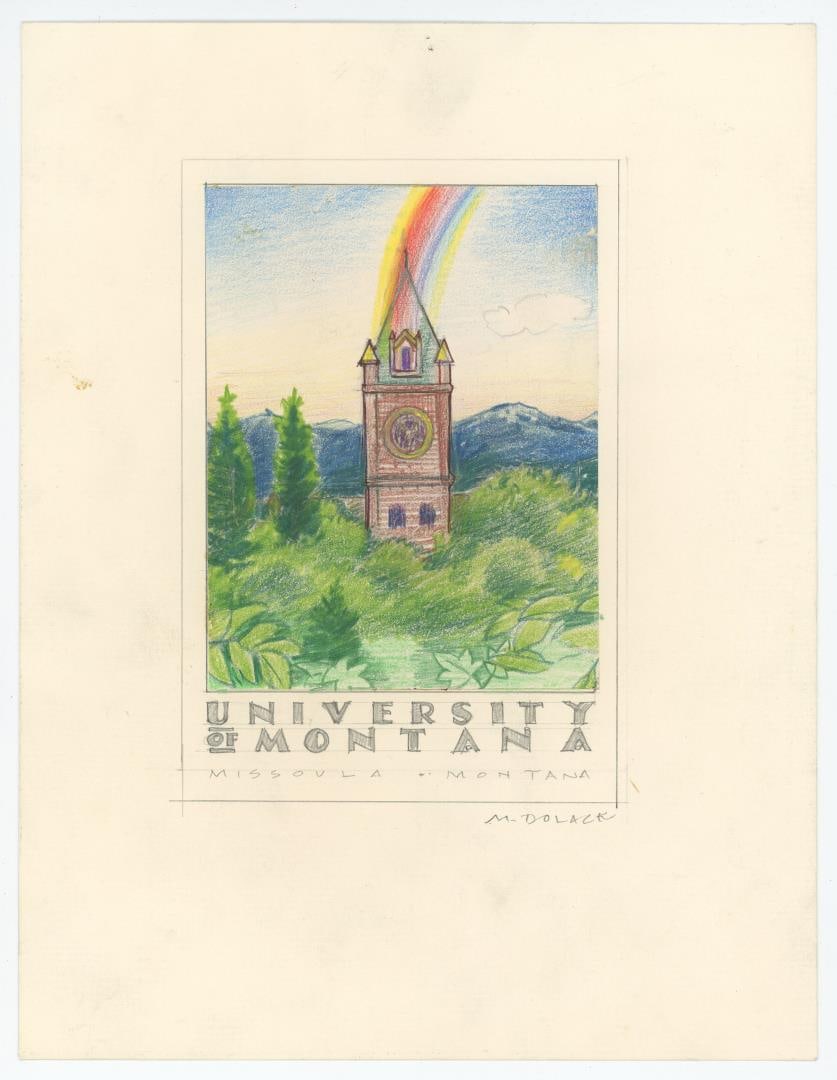 Monte Dolack University Of Montana Poster Study: A colored pencil study that became the print University of Montana. 10" by 7 3/4" Monte Dolack (Born 1950) is active/lives in Montana. Monte Dolack is known for Poster illustration, landscape and