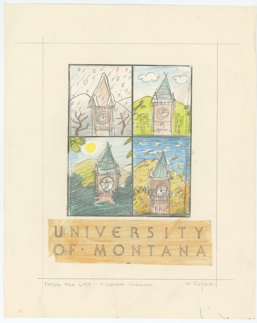 Monte Dolack University Of Montana Poster Study: This colored pencil study became the poster University Of Montana Seasons Of Change. 10 1/8" by 8 1/2" Monte Dolack (Born 1950) is active/lives in Montana. Monte Dolack is known for Poster