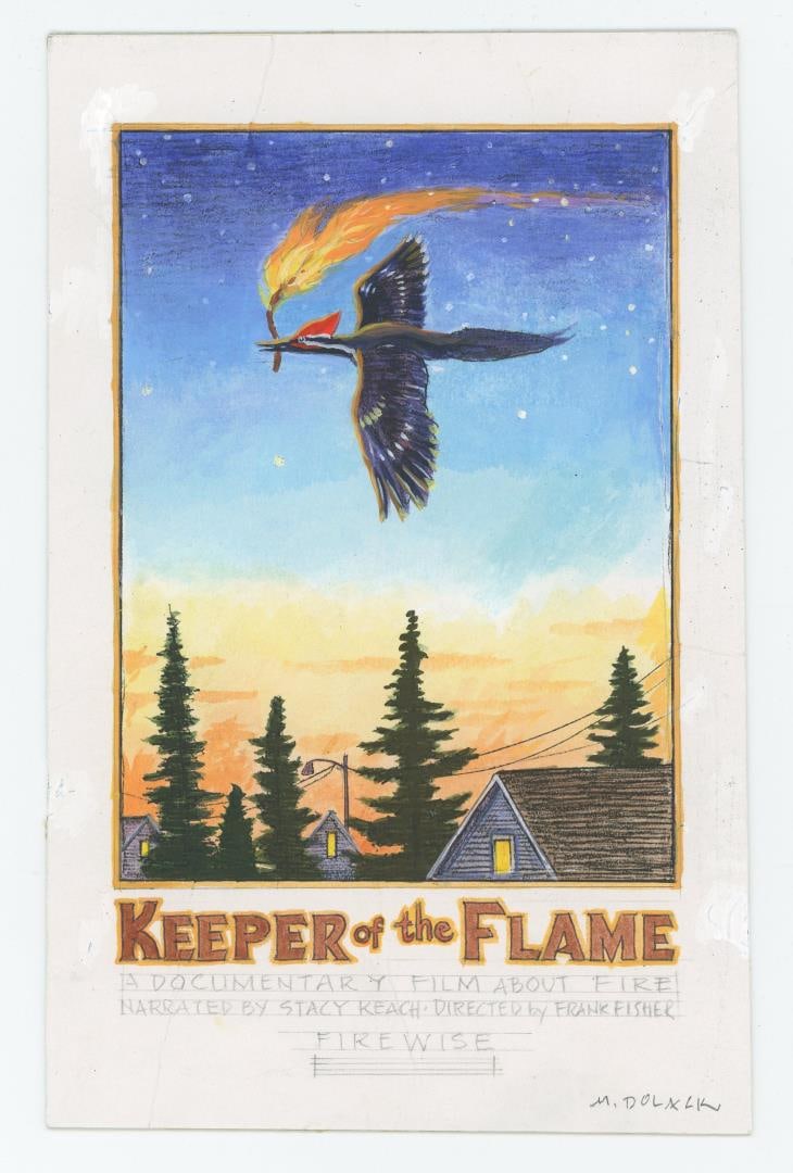 Monte Dolack Stealing Fire Poster Study Painting: The working title for this piece was Keeper Of The Flame. It became Stealing Fire, an acrylic painting and poster commissioned by Systems For Enviromental Management. 8 5/8" by 5 1/2". Monte Dolack (B