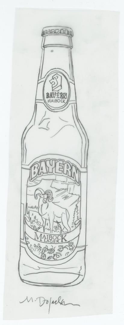 Monte Dolack Bayern Beer Label Study: Concept sketch for Bayern's Maibock Lager beer bottle. 10 1/2" by 3 1/2" Monte Dolack (Born 1950) is active/lives in Montana. Monte Dolack is known for Poster illustration, landscape and wildlife pain