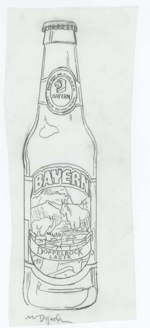 Monte Dolack Bayern Brewing Dopplebock Study: Lot includes a sketch by the artist of Bayern's Doppelbock Lager Beer bottle, and the signed contract for the creation of the artwork for the label. Sketch measures 9 5/8" by 3 3/4". Monte Dolack