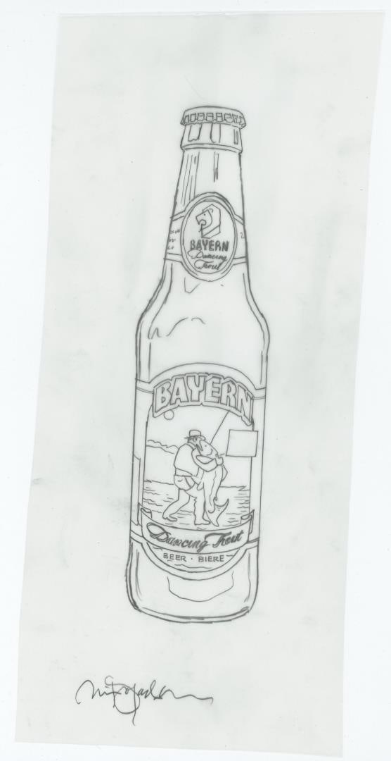Monte Dolack Bayern Brewing Dancing Trout Study: A concept sketch of the bottle for Bayern's Dancing Trout Beer. 10 3/4" by 4 1/2". Monte Dolack (Born 1950) is active/lives in Montana. Monte Dolack is known for Poster illustration, landscape and wil