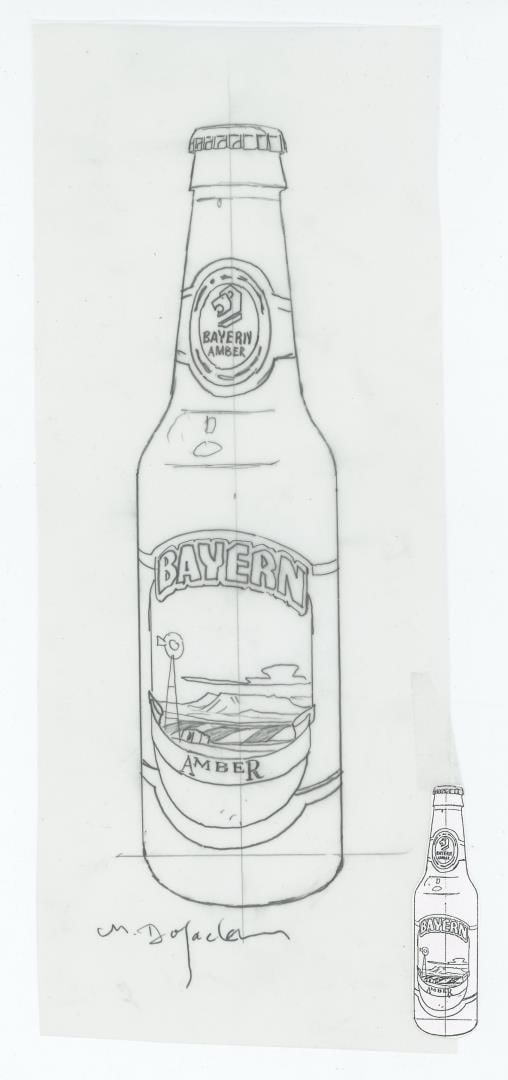 Monte Dolack Bayern Brewing Amber Beer Study: A concept sketch of the bottle for Bayern's Amber Beer. 10 1/4" by 4 1/4" Monte Dolack (Born 1950) is active/lives in Montana. Monte Dolack is known for Poster illustration, landscape and wildlife pai