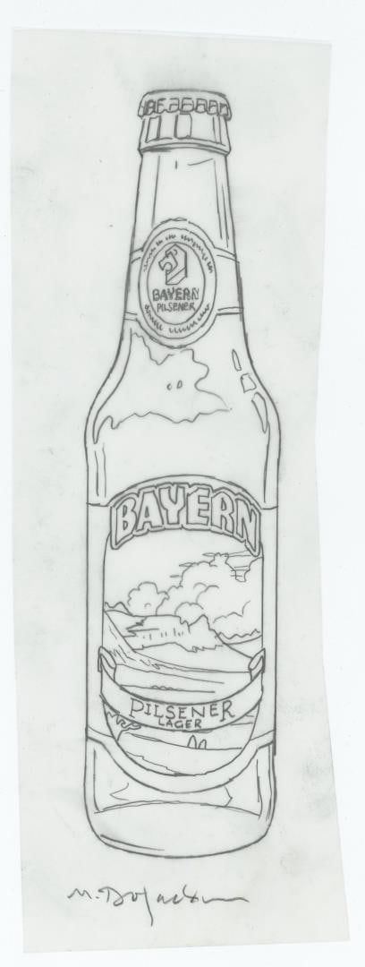 Monte Dolack Bayern Brewing Pilsner Lager Study: A concept sketch of the bottle for Bayern's Pilsner Lager Beer. 8 7/8" by 3". Monte Dolack (Born 1950) is active/lives in Montana. Monte Dolack is known for Poster illustration, landscape and wildlife