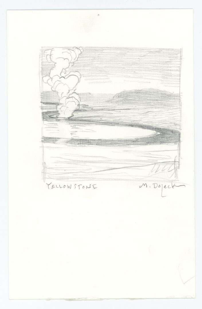 Monte Dolack Yellowstone Park Pencil Drawing: Title is Yellowstone. Graphite on paper. 8 1/2" by 5 1/2" Monte Dolack (Born 1950) is active/lives in Montana. Monte Dolack is known for Poster illustration, landscape and wildlife painting. A native