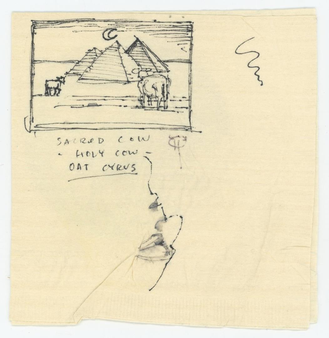 Monte Dolack Points Of Interest Lithograph Study: An original pen and ink concept drawing on the back of a cocktail napkin from The Depot restaurant. Clear evidence that artistic inspiration can strike anywhere. 5 1/8" by 4 7/8". Monte Dolack (Born