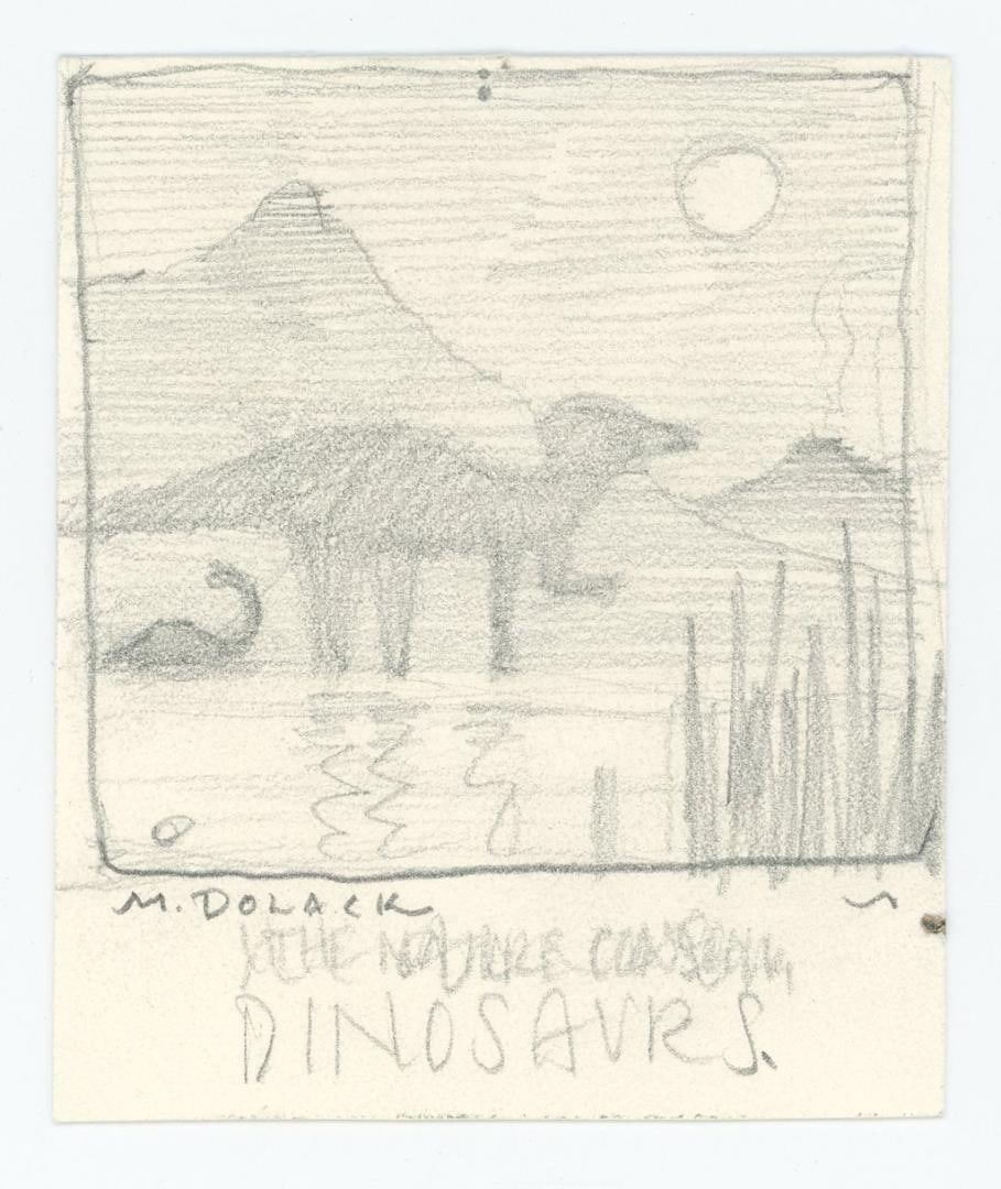 Monte Dolack Dinosaurs Discoveries Poster Study: Very early concept sketch that became Dinosaurs Discoveries In Montana, The nature Conservancy, Egg mountain Preserve. 3 5/8" by 3" Monte Dolack (Born 1950) is active/lives in Montana. Monte Dolack is