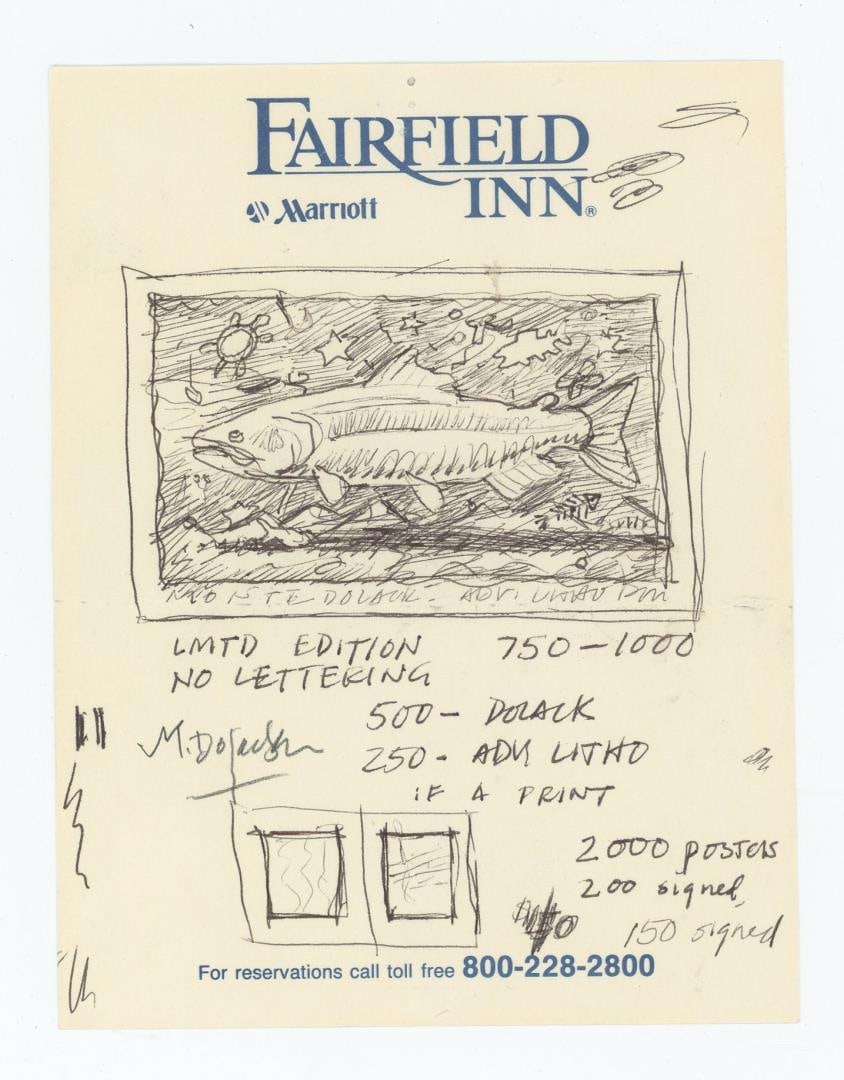 Monte Dolack Trout Poster Study: Untitled. Ink on a piece of Fairfield Inn note paper. It appears this idea never came to fruition. 5 1/2" by 4 1/8". Monte Dolack (Born 1950) is active/lives in Montana. Monte Dolack is known for Post