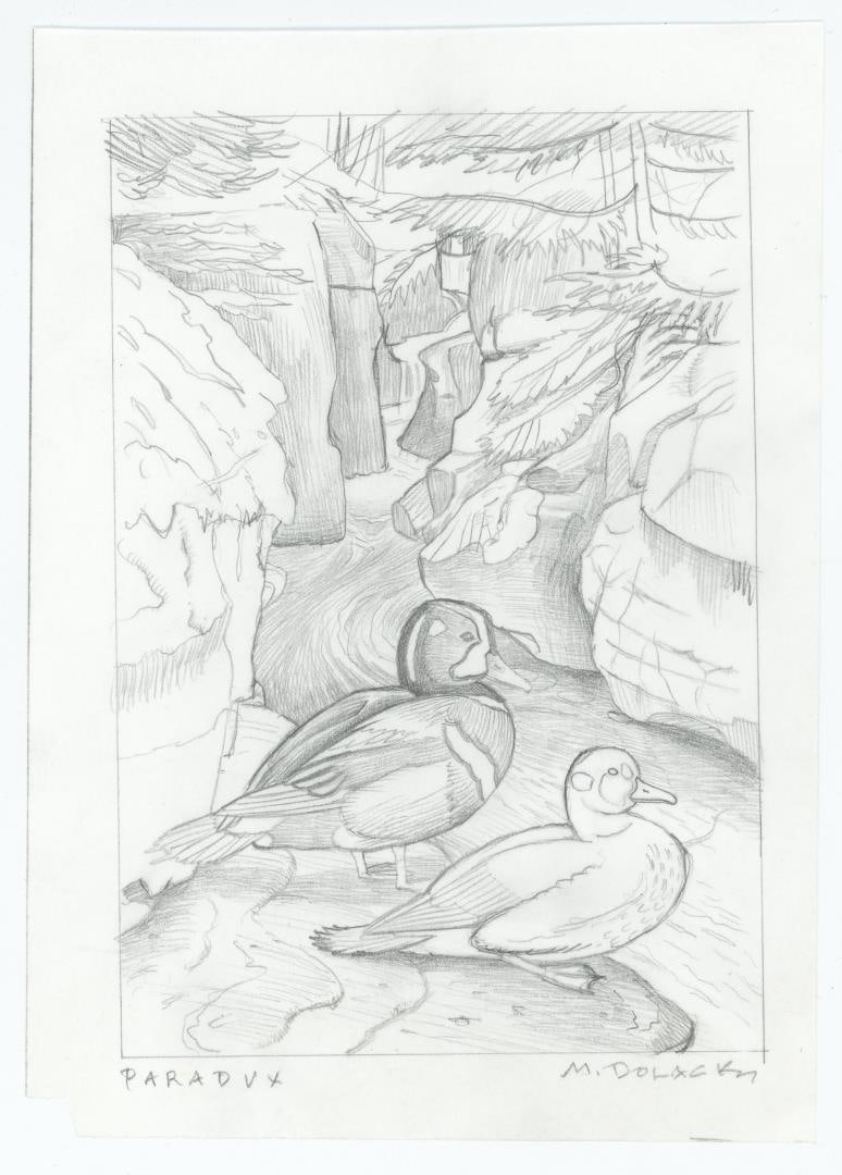 Monte Dolack Montana Paradux Pencil Drawing: Title is Paradux. Graphite on paper. If this is a study , it appears it never came to fruition. 8 5/8" by 6 1/8" Monte Dolack (Born 1950) is active/lives in Montana. Monte Dolack is known for Poster i