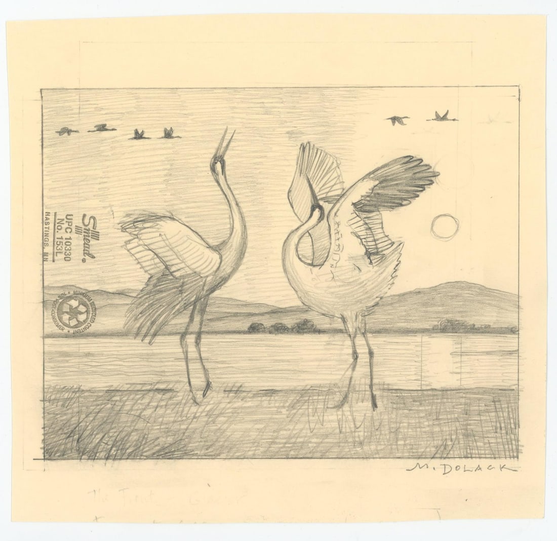 Monte Dolack Dancing Cranes Painting Study: Title is Sun Dancers. Graphite on paper. 7 7/8" by 7 1/2". Included is the unsigned commission agreement for this painting. Monte Dolack (Born 1950) is active/lives in Montana. Monte Dolack is known f