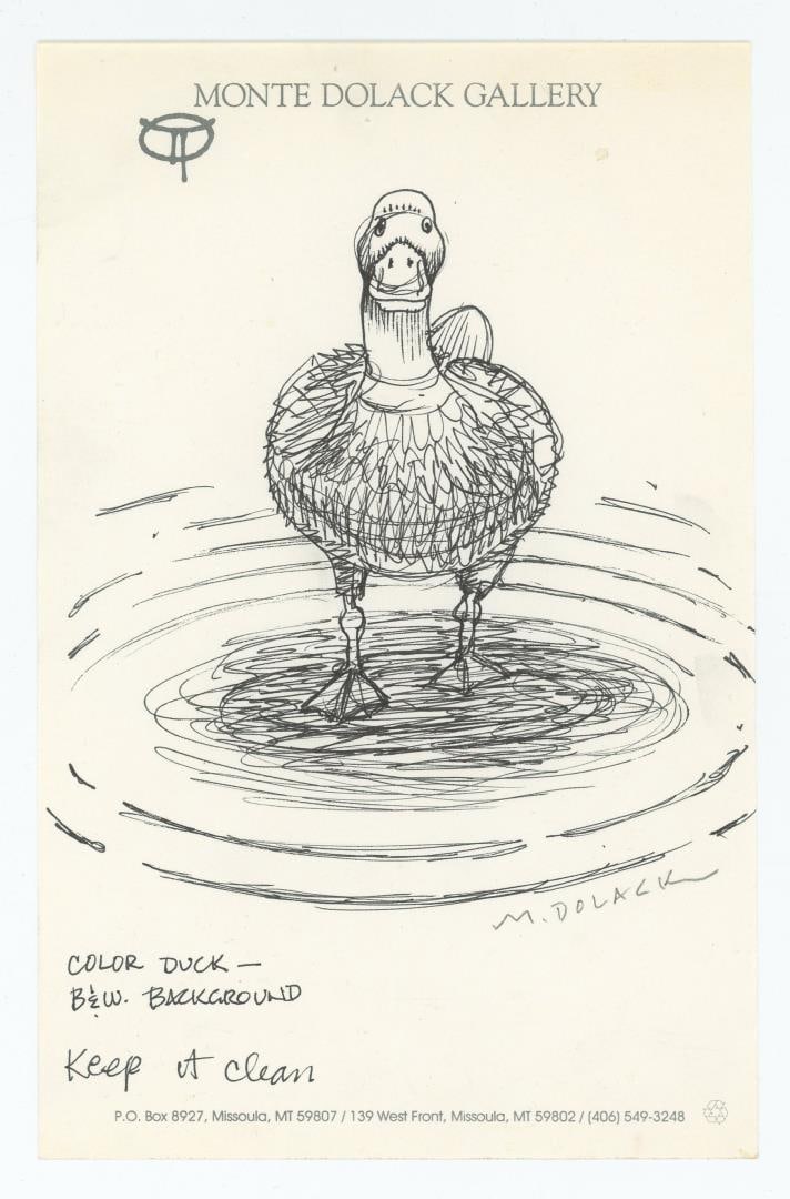 Monte Dolack Duck Pond Pen & Ink Drawing: Untitled. Ink on gallery stationary. 8 1/2" by 5 1/2" Monte Dolack (Born 1950) is active/lives in Montana. Monte Dolack is known for Poster illustration, landscape and wildlife painting. A native of