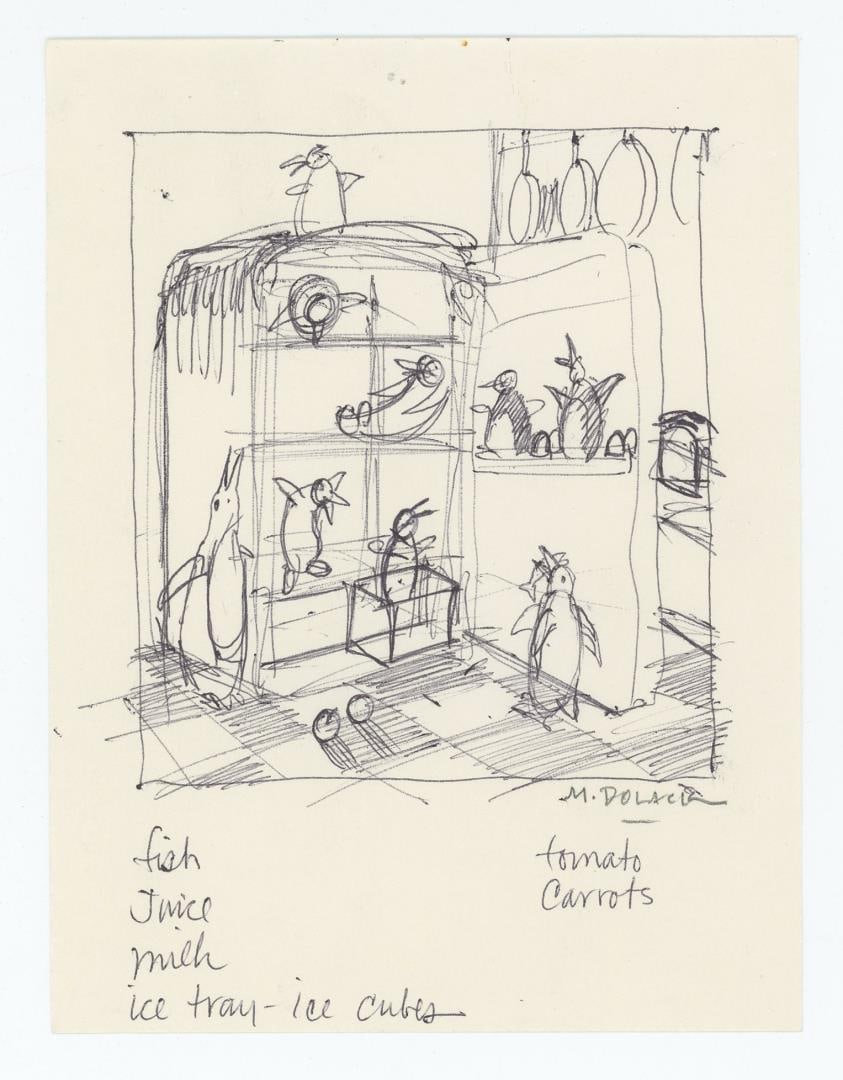 Monte Dolack Refridgeraiders Poster Study Drawing: Pen & ink concept drawing for one of the artist's most famous works. 6" by 4 1/2" Monte Dolack (Born 1950) is active/lives in Montana. Monte Dolack is known for Poster illustration, landscape and