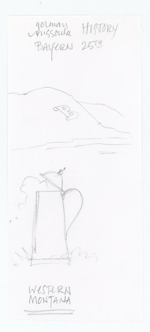 Monte Dolack Bayern Brewing 25th Anniversary Study: Early concept sketches for the eventual poster. 6 1/8" by 2.7" Monte Dolack (Born 1950) is active/lives in Montana. Monte Dolack is known for Poster illustration, landscape and wildlife painting. A