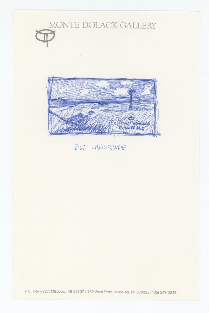Monte Dolack Great Harvest Pen & Ink Drawing: Title is Big Landscape. Ink on gallery stationary. 8 3/8" by 5 3/8". An early concept sketch for the Great Harvest Bakery Poster. Monte Dolack (Born 1950) is active/lives in Montana. Monte Dolack is