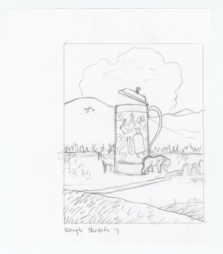 Monte Dolack Bayern Brewing Pencil Drawing: Title is Rough Sketch 3. Graphite on paper. 6 3/4" by 5 3/4". Possibly a design idea for a Bayern Brewing poster. Monte Dolack (Born 1950) is active/lives in Montana. Monte Dolack is known for Poster