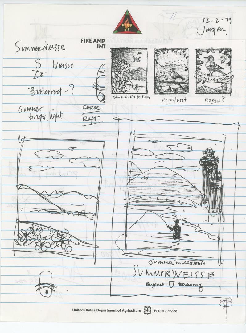 Monte Dolack Summer Missoula Bayern Brewing Study: Study for Bayern Brewing Summer in Missoula label. 8 1/2" by 11". Monte Dolack (Born 1950) is active/lives in Montana. Monte Dolack is known for Poster illustration, landscape and wildlife painting.